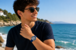 Moška ročna ura CASIO LW-200-2AVEF na zapestju mladega moškega ob morju na plaži