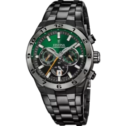 Moška ročna ura Festina Chrono Bike F20673-2 s črno in zeleno številčnico, kronografom in športnim dizajnom in črn pas iz nerjavečega jekla