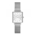 Srebrna kvadratna ura ROSEFIELD QMWMS-Q038 minimalistično ohišje s sijočimi robovi.