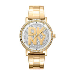 Ženska ročna ura DKNY DK1L035M0215 – okrogla zlata ura z bleščečo številčnico in logotipom DKNY